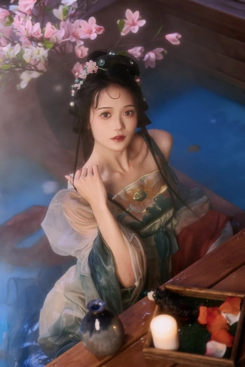 一幅美丽的女子坐在茶杯旁 周围有花