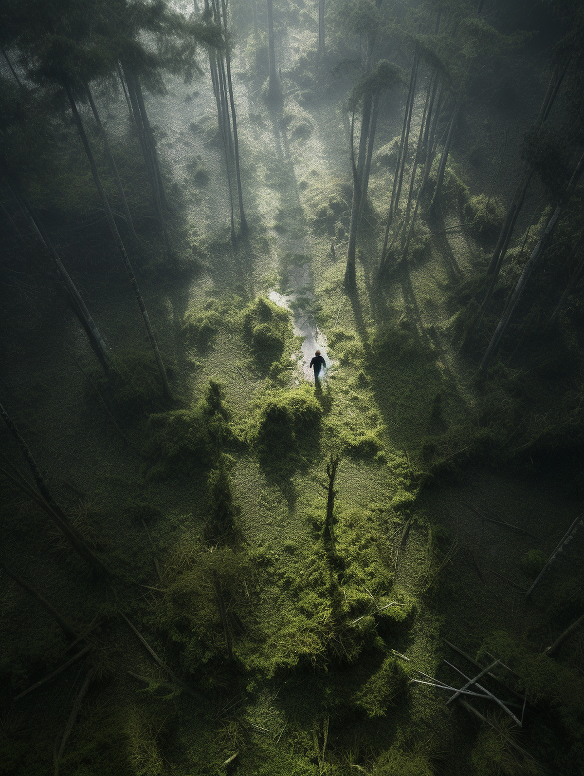 一个人站在黑暗的森林中 有绿色的树木和雾。