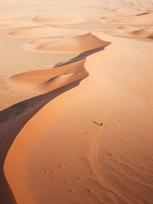 在沙漠中的沙丘顶部的小人 在日落时