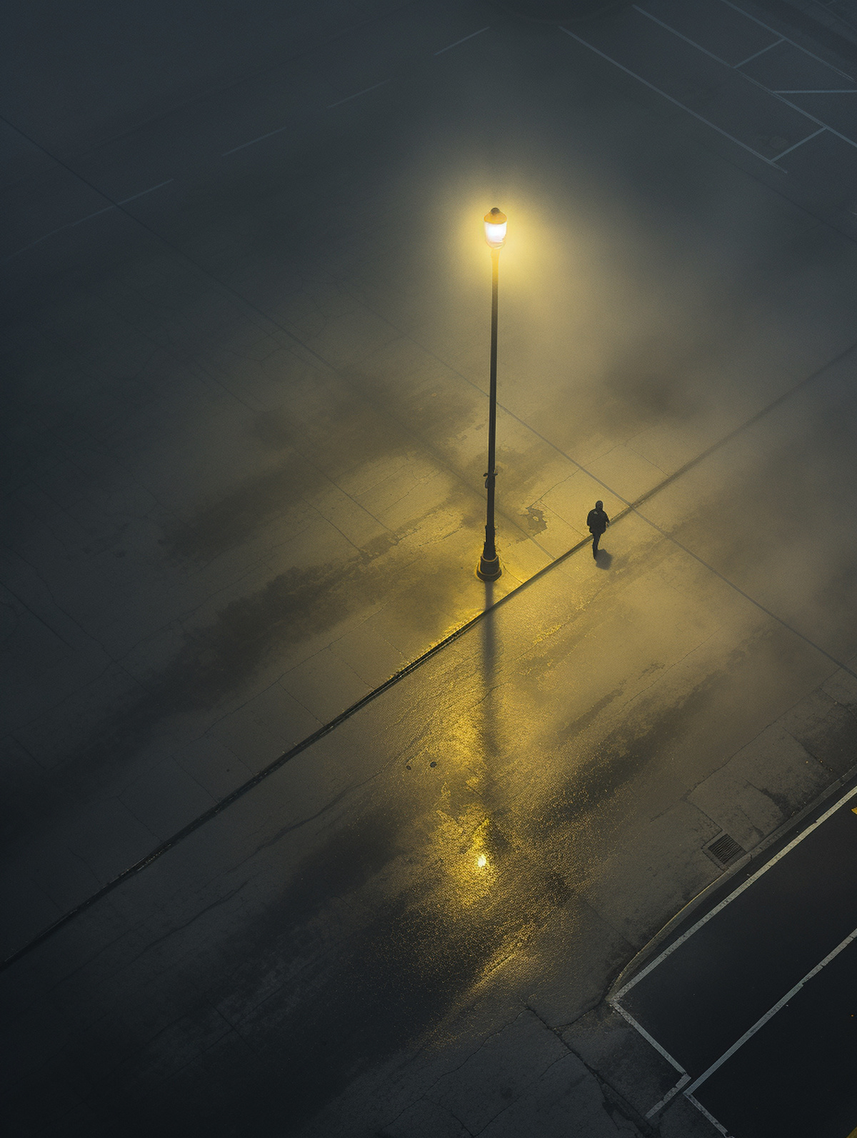 夜晚的雾气笼罩的街道 一盏黄色的街灯投射出一个人在空荡荡的停车场中行走的影子。