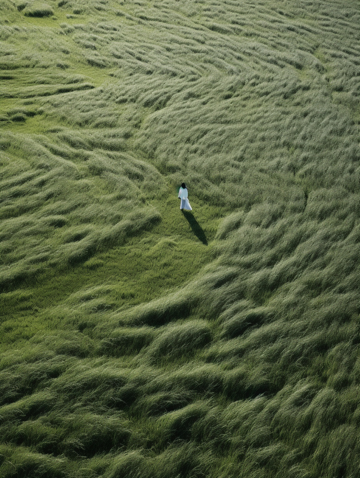 一个人站在绿色的草地上 正在放风筝。