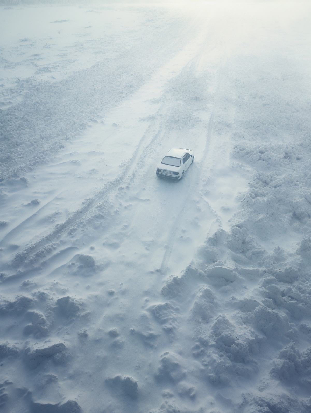 一辆白色汽车在雪地上行驶