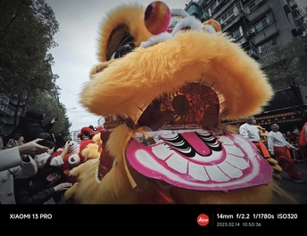 游行中一只大狮子 周围有人群。