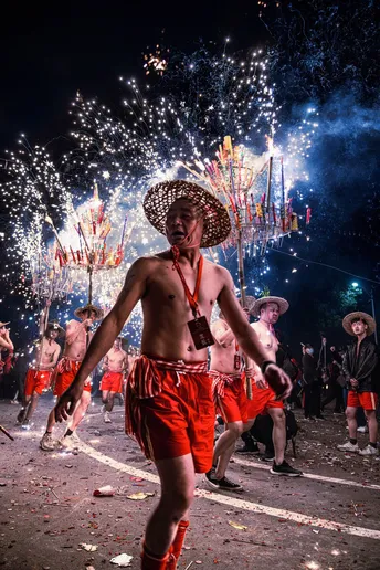 在传统服装的男子和背景中的烟花舞者的节日