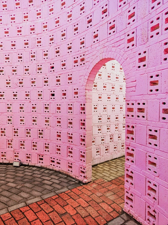 一个粉红色的房间 里面有红色的砖块。