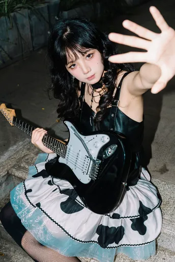 一位穿着黑白服装的女性正在弹吉他