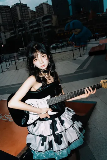 一位年轻女子在屋顶上弹吉他