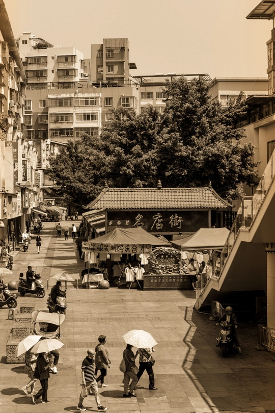 一个人群中穿黑白色衣服的人在雨中撑着伞在城市中行走的照片