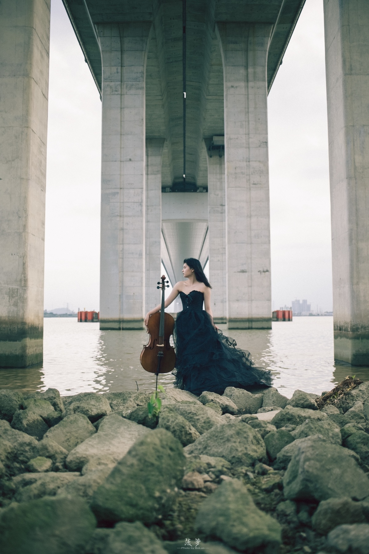 一个穿黑色连衣裙的女人站在桥下方的岩石上 拿着一把小提琴