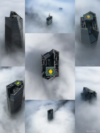 一系列带有雾气的建筑物和摩天大楼在天空中的图像