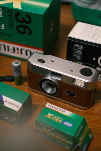 木桌子上的相机特写