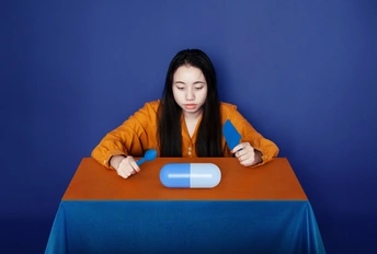 一位年轻女子坐在桌子旁 在蓝色纸上写东西。