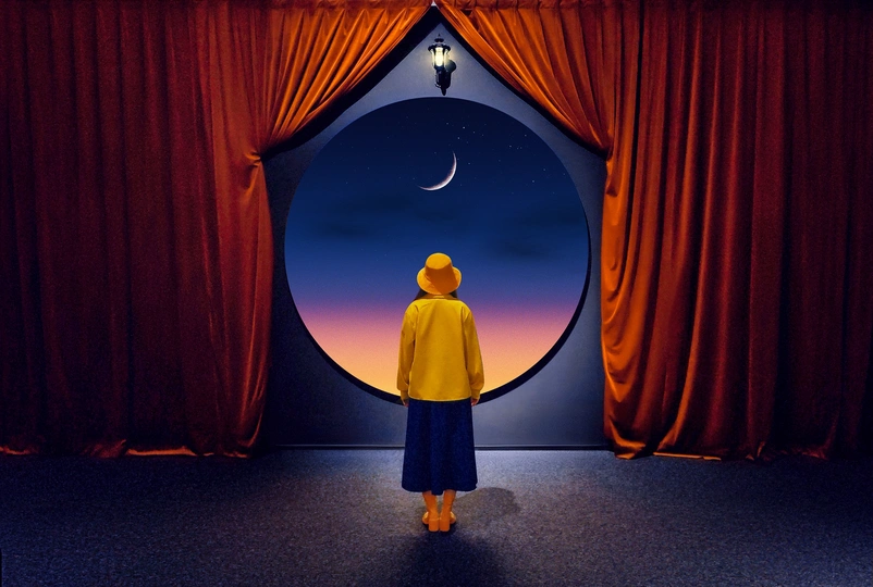 一个人穿着黄雨衣站在窗帘前