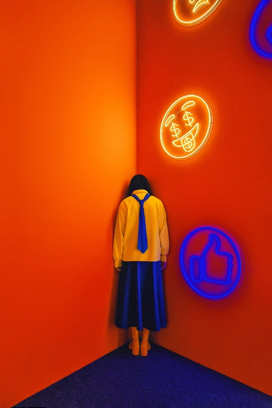 一个男孩和一个女孩站在一个橙色墙壁和霓虹灯的房间里