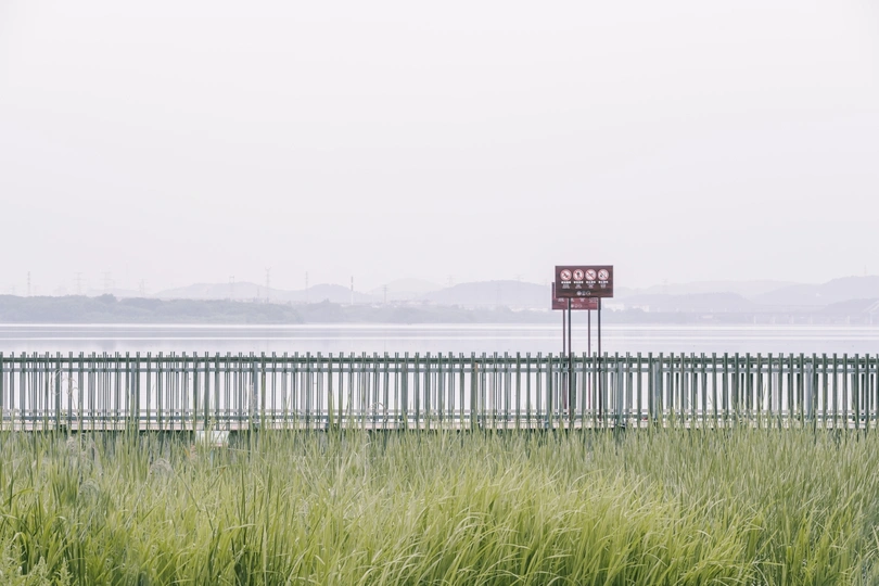 一片高高的草地 有一个红色的标志 背景是一片水域