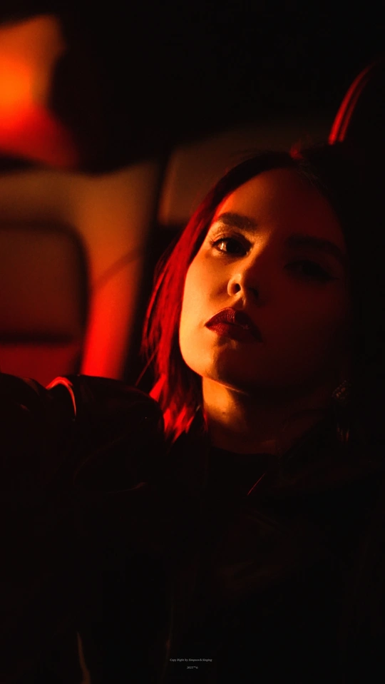 夜晚坐在汽车后座的女人