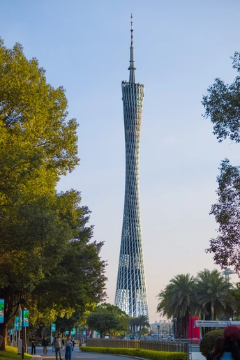 一个城市中的公园 有树木、人和一座高塔。