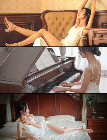 一个女人坐在钢琴旁边的床上的照片拼贴画