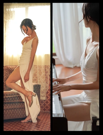 一张穿着白色连衣裙的女人在钢琴旁的照片