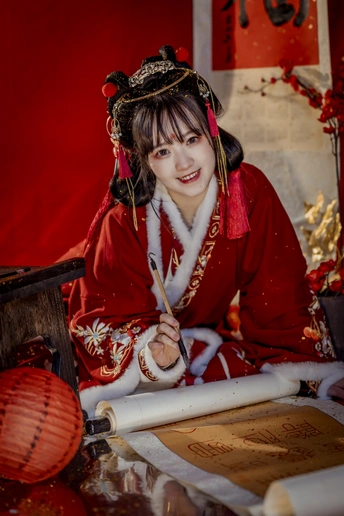 一位穿着传统服装的年轻女子正在写字。