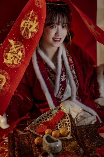 一位穿着红色服装的女人坐在桌子旁