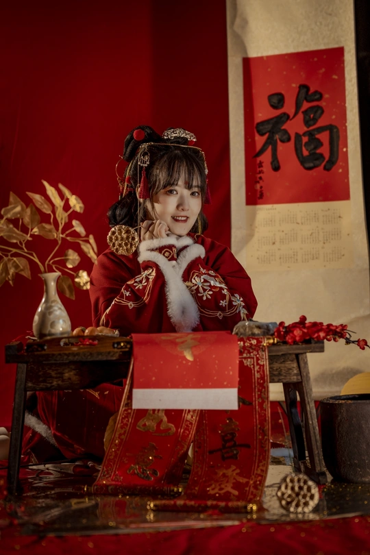 一个小女孩穿着传统服装坐在桌子旁边 有一个洋娃娃。