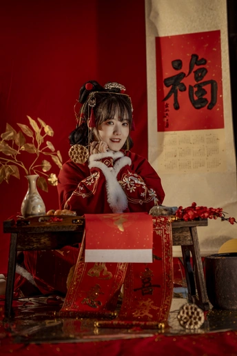一个小女孩穿着传统服装坐在桌子旁边 有一个洋娃娃。
