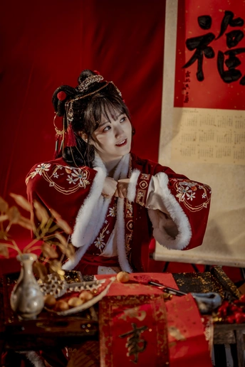 一位身着中国传统服装的年轻女子坐在桌子旁 桌子上放着礼物。