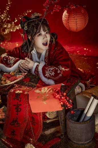 一位穿着红色和服的年轻女子正在吃东西。