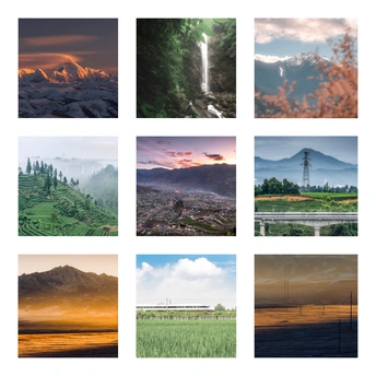 背景为山脉的风景画拼贴