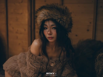 一位穿着皮草大衣和帽子的小姐正在为肖像拍照