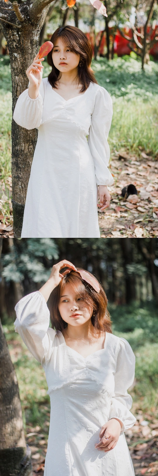 一个穿着白色连衣裙的年轻女子站在树旁的照片