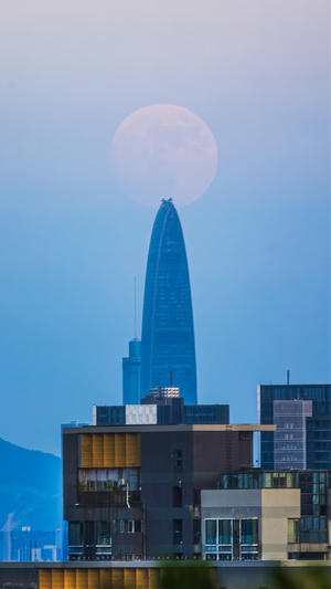 城市中耸立着摩天大楼 前景中一轮满月升起。