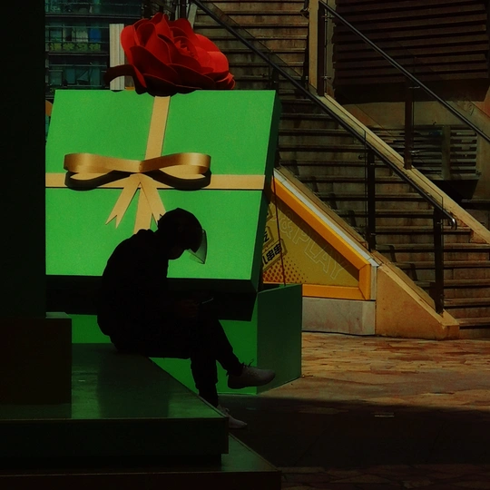 一个男子和一个女子坐在一个绿色盒子前面的一级台阶扶手上。