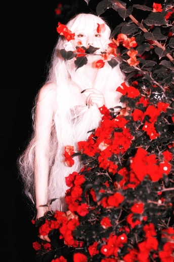 一位头戴红花的女子