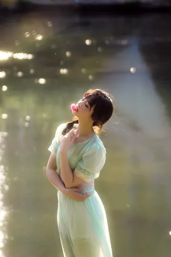 一位美丽的年轻女士穿着一件白色连衣裙站在湖中的水边。