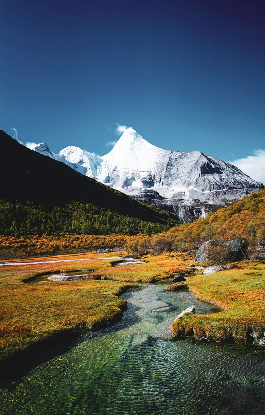 一个小溪流经一个位于雪山之下的草原。