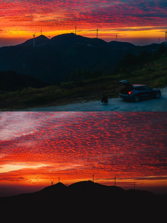 当太阳落山时 一辆车在山丘上行驶。