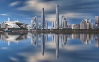 未来新城的天际线照片 高耸的摩天大楼和水中的倒影