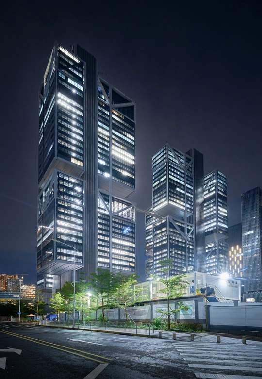 夜晚的城市 高耸的摩天大楼和其他高楼