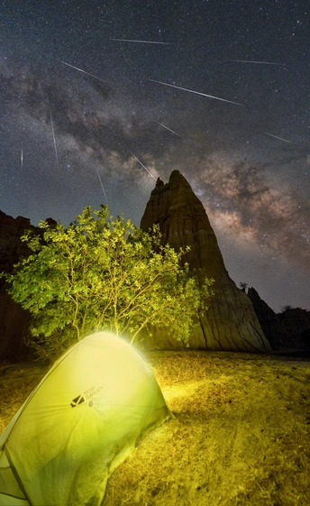 夜晚中一个绿色的帐篷和一个点亮的树上有星星在天空中
