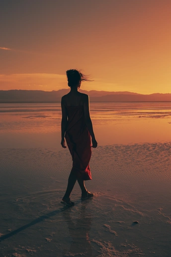一个穿着连衣裙的年轻女子在夕阳下沿着海滩走 太阳渐渐落下 沉没在大海上。