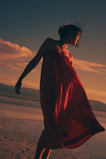 夕阳下穿着红裙子的年轻女子在沙滩上行走