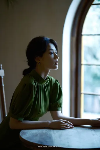 一位穿着绿色衣服的年轻女子坐在桌子旁 凝视着窗外。