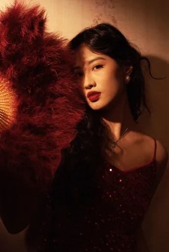 一位穿着红裙子的女士正在摆姿势