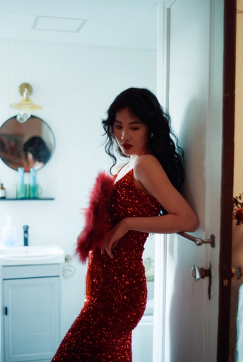 一位美丽的年轻女子穿着红色连衣裙站在镜子前