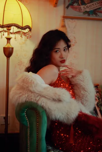 一位穿着红色连衣裙和皮草大衣的女性坐在绿色椅子上 手里拿着一杯东西。