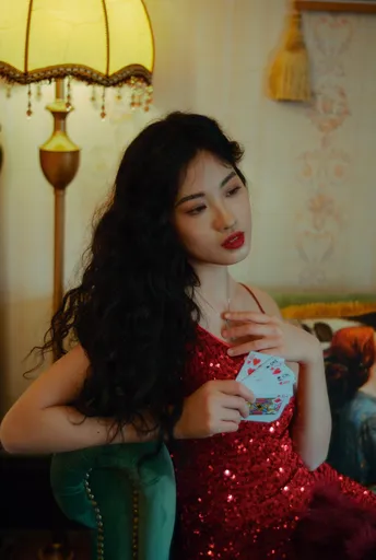 一位穿着红裙子的年轻女子在房间里拿着一张卡片