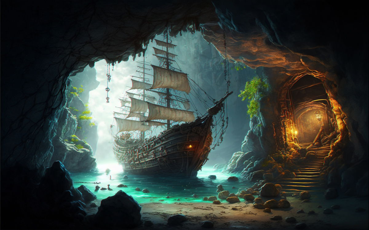 一艘船在洞穴中航行的画作