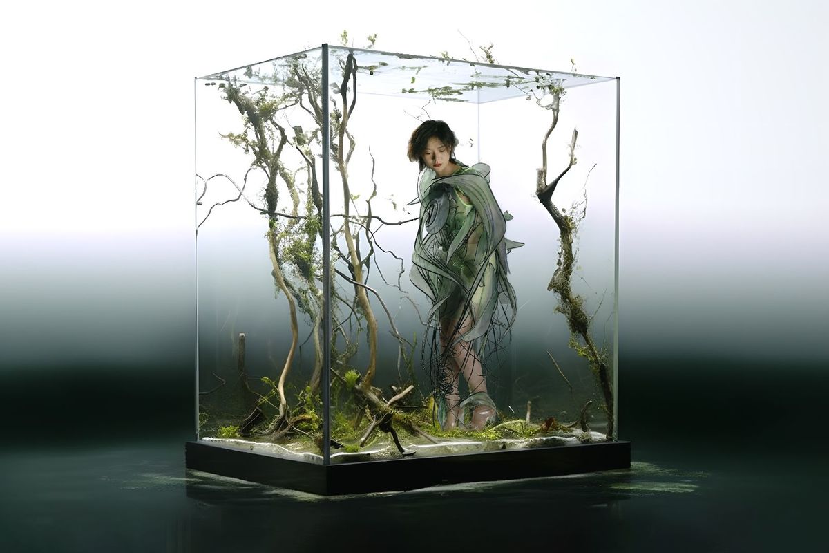 一个站在带植物的玻璃箱内的女人